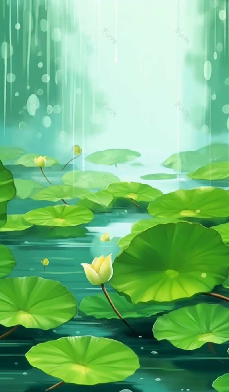 濛濛细雨中绿色池塘里的荷叶荷花插画,插画/手绘图,插画/手绘图库,插画/手绘图下载,插画/手绘